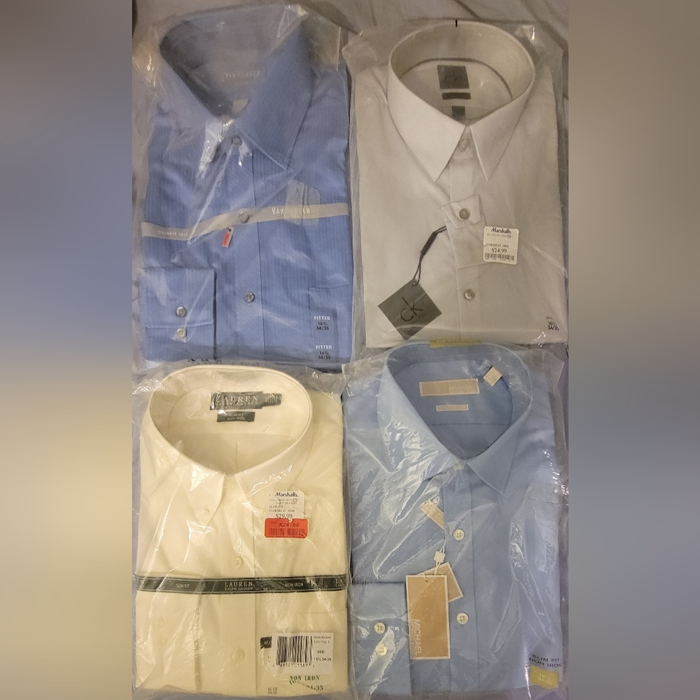 4 brand new shirts: Ralph Lauren, Calvin Klein, Michael Kors and Van Heusen.